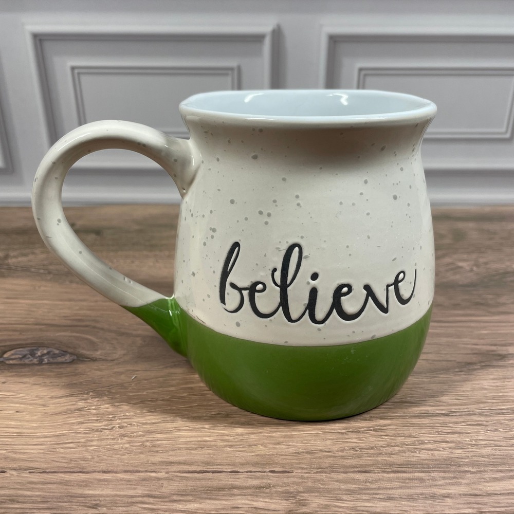 Believe Mug Green Speckled Ceramic 16oz Coffee Cup Inspirational‎